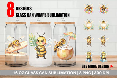 Glass Can Watercolor Funny Grumpy Tropical Bee Sublimation artnoy 