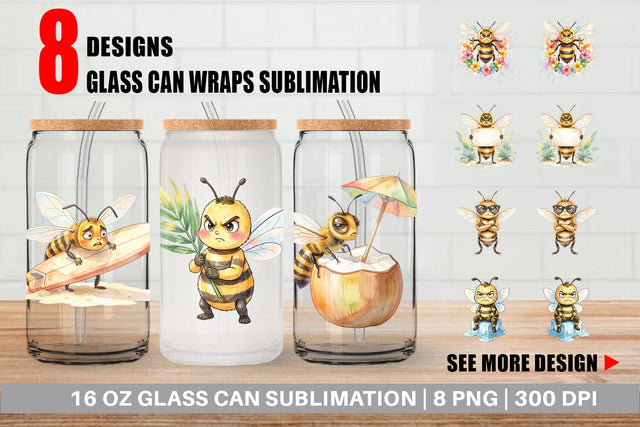 Glass Can Watercolor Funny Grumpy Tropical Bee Sublimation artnoy 