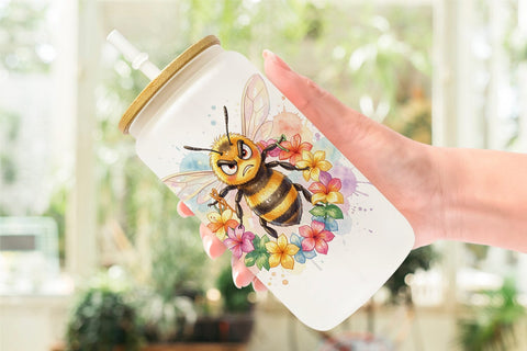 Glass Can Watercolor Funny Grumpy Tropical Bee Sublimation artnoy 