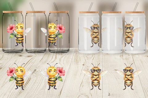 Glass Can Watercolor Funny Grumpy Tropical Bee Sublimation artnoy 