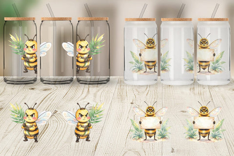Glass Can Watercolor Funny Grumpy Tropical Bee Sublimation artnoy 