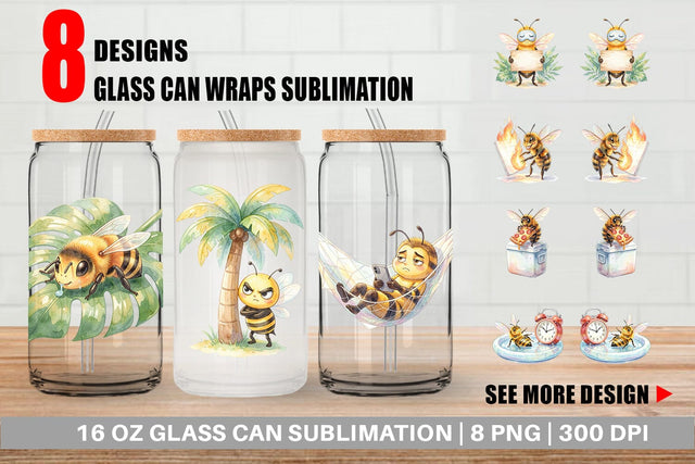 Glass Can Watercolor Funny Lazy Island Life Bee Sublimation artnoy 