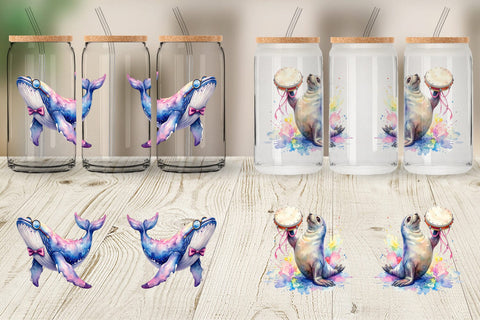Glass Can Watercolor Funny Ocean Animals Sublimation artnoy 