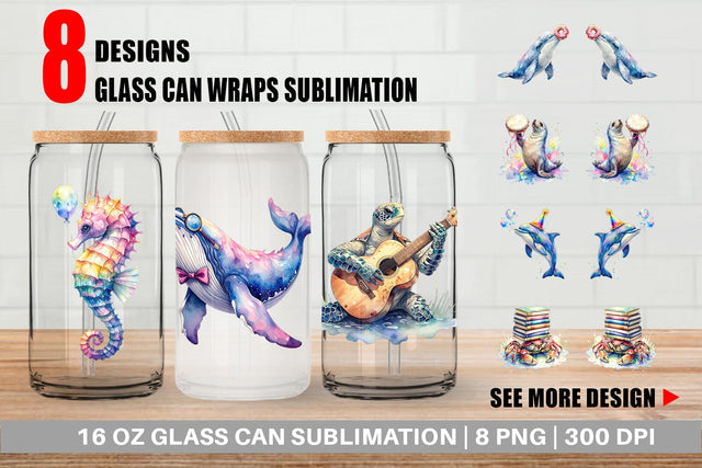 Glass Can Watercolor Funny Ocean Animals Sublimation artnoy 