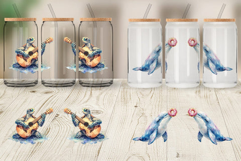 Glass Can Watercolor Funny Ocean Animals Sublimation artnoy 