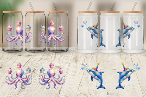 Glass Can Watercolor Funny Ocean Animals Sublimation artnoy 