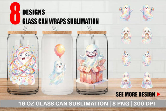 Glass Can Watercolor Funny Ugly Cute Party Ghost Sublimation artnoy 