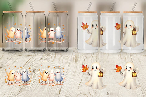 Glass Can Watercolor Ghost Autumn Leaves Sublimation artnoy 