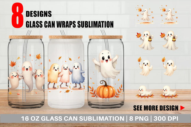 Glass Can Watercolor Ghost Autumn Leaves Sublimation artnoy 