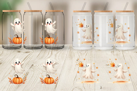 Glass Can Watercolor Ghost Autumn Leaves Sublimation artnoy 