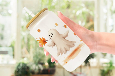 Glass Can Watercolor Ghost Autumn Leaves Sublimation artnoy 