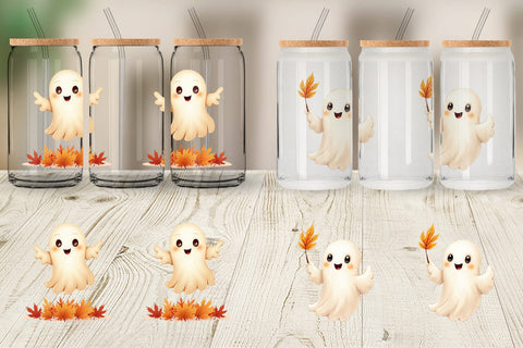 Glass Can Watercolor Ghost Autumn Leaves Sublimation artnoy 