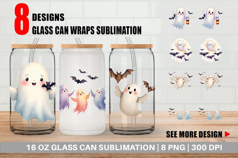 Glass Can Watercolor Ghost Bat Friends Sublimation artnoy 
