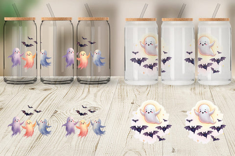 Glass Can Watercolor Ghost Bat Friends Sublimation artnoy 