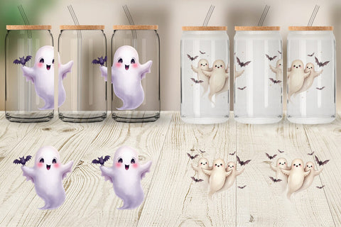 Glass Can Watercolor Ghost Bat Friends Sublimation artnoy 