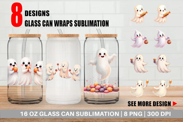 Glass Can Watercolor Ghost Candy Party Sublimation artnoy 
