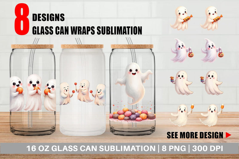 Glass Can Watercolor Ghost Candy Party Sublimation artnoy 