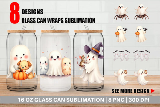 Glass Can Watercolor Ghost Halloween Pets Sublimation artnoy 