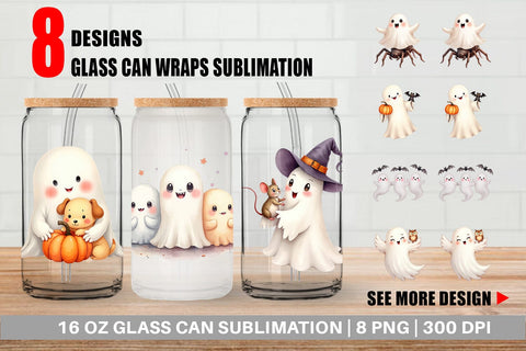 Glass Can Watercolor Ghost Halloween Pets Sublimation artnoy 