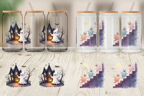 Glass Can Watercolor Ghost Haunted House Sublimation artnoy 