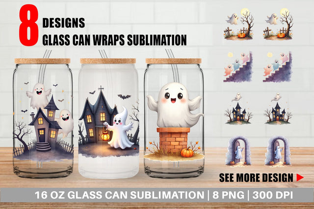Glass Can Watercolor Ghost Haunted House Sublimation artnoy 