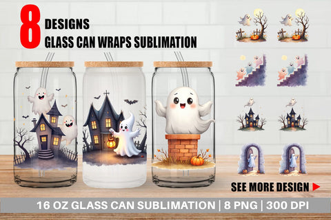 Glass Can Watercolor Ghost Haunted House Sublimation artnoy 