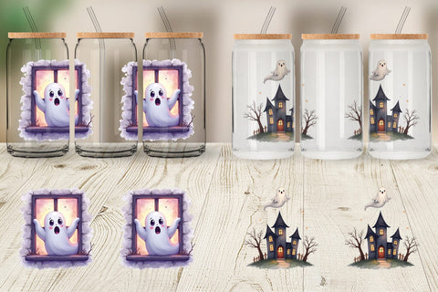 Glass Can Watercolor Ghost Haunted House Sublimation artnoy 