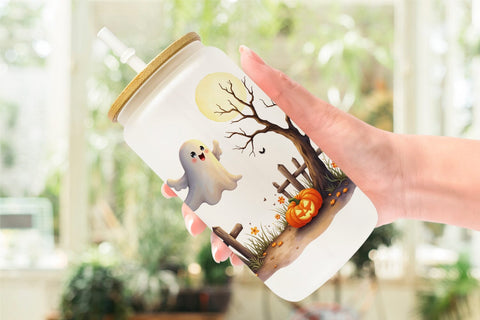 Glass Can Watercolor Ghost Haunted House Sublimation artnoy 