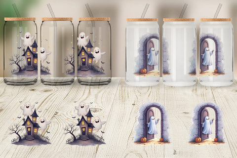 Glass Can Watercolor Ghost Haunted House Sublimation artnoy 