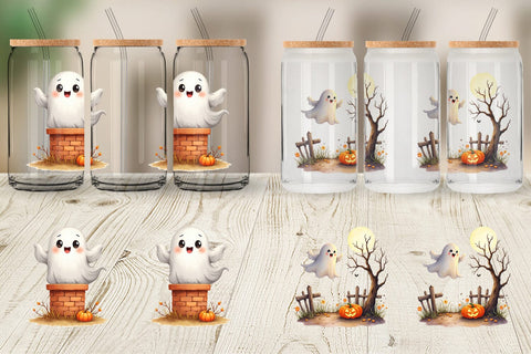 Glass Can Watercolor Ghost Haunted House Sublimation artnoy 