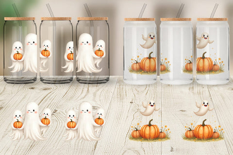 Glass Can Watercolor Ghost Pumpkin Friends Sublimation artnoy 
