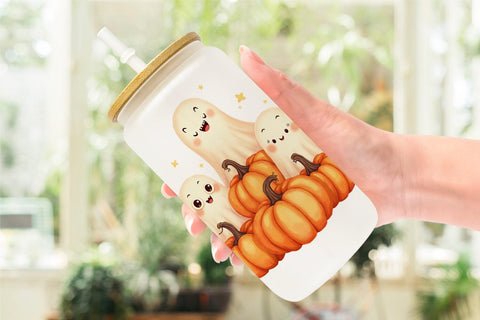 Glass Can Watercolor Ghost Pumpkin Friends Sublimation artnoy 