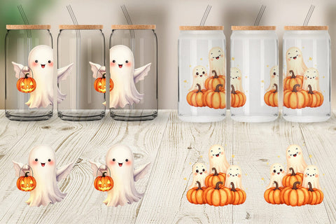 Glass Can Watercolor Ghost Pumpkin Friends Sublimation artnoy 