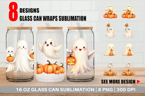 Glass Can Watercolor Ghost Pumpkin Friends Sublimation artnoy 