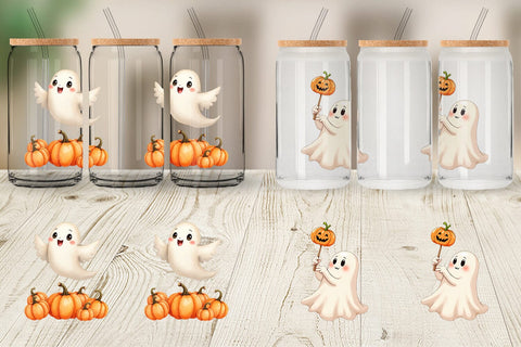 Glass Can Watercolor Ghost Pumpkin Friends Sublimation artnoy 