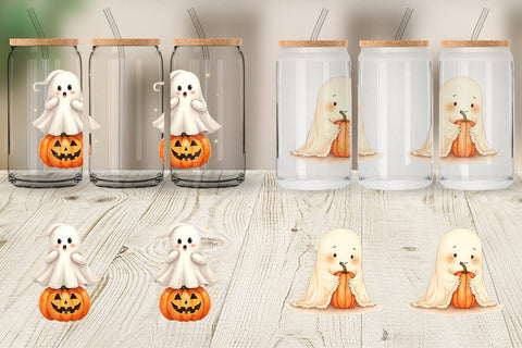 Glass Can Watercolor Ghost Pumpkin Friends Sublimation artnoy 