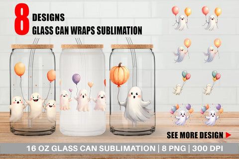 Glass Can Watercolor Ghost Spooky Balloons Sublimation artnoy 