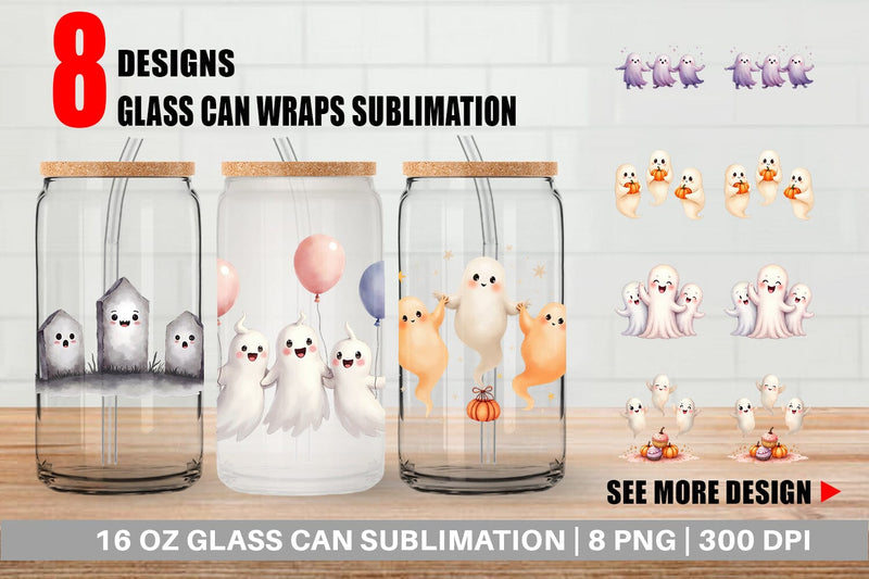 Glass Can Watercolor Ghost Trio Sublimation artnoy 