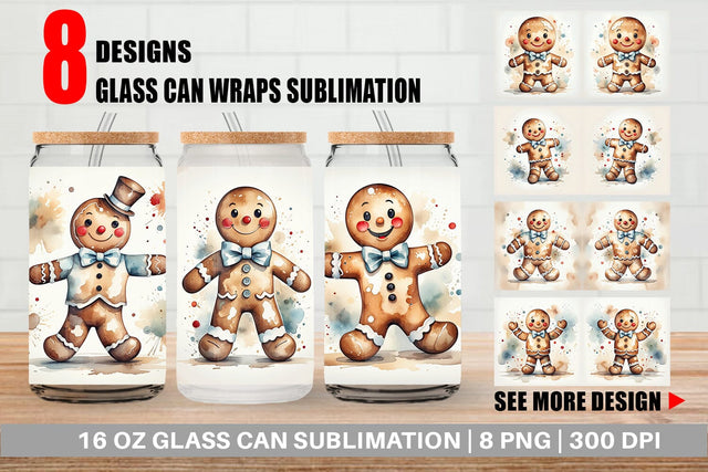 Glass Can Watercolor Gingerbread Man Sublimation artnoy 