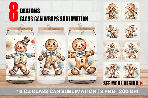 Glass Can Watercolor Gingerbread Man Sublimation artnoy 