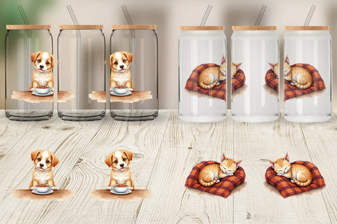 Glass Can Watercolor Grateful Pups Kittens Sublimation artnoy 