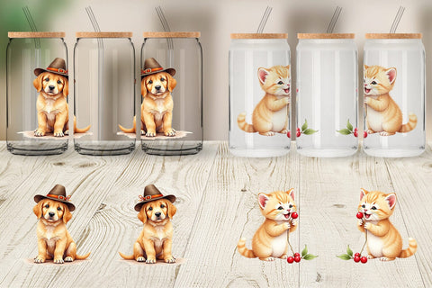 Glass Can Watercolor Grateful Pups Kittens Sublimation artnoy 