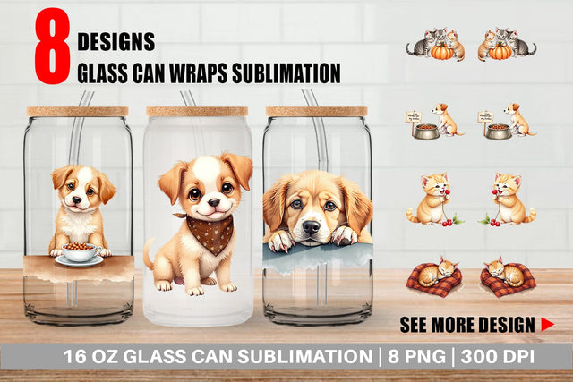 Glass Can Watercolor Grateful Pups Kittens Sublimation artnoy 