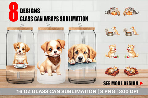 Glass Can Watercolor Grateful Pups Kittens Sublimation artnoy 