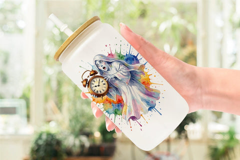 Glass Can Watercolor Groggy Morning Coffee Ghost Sublimation artnoy 