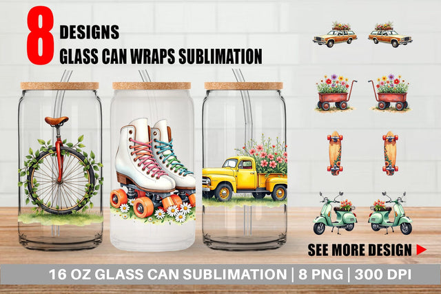 Glass Can Watercolor Groovy Bloom Riders 70s Floral Transport Sublimation artnoy 