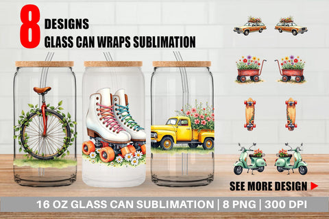 Glass Can Watercolor Groovy Bloom Riders 70s Floral Transport Sublimation artnoy 