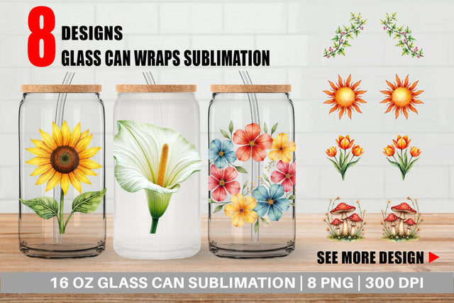 Glass Can Watercolor Groovy Garden 70s Retro Watercolor Florals Sublimation artnoy 