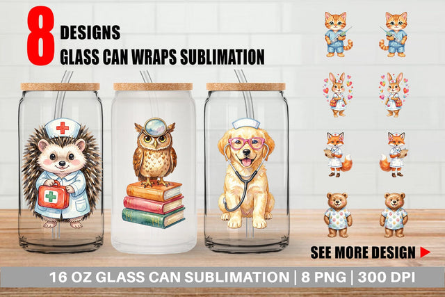 Glass Can Watercolor Groovy Retro Animal Nurse Sublimation artnoy 