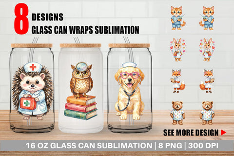 Glass Can Watercolor Groovy Retro Animal Nurse Sublimation artnoy 